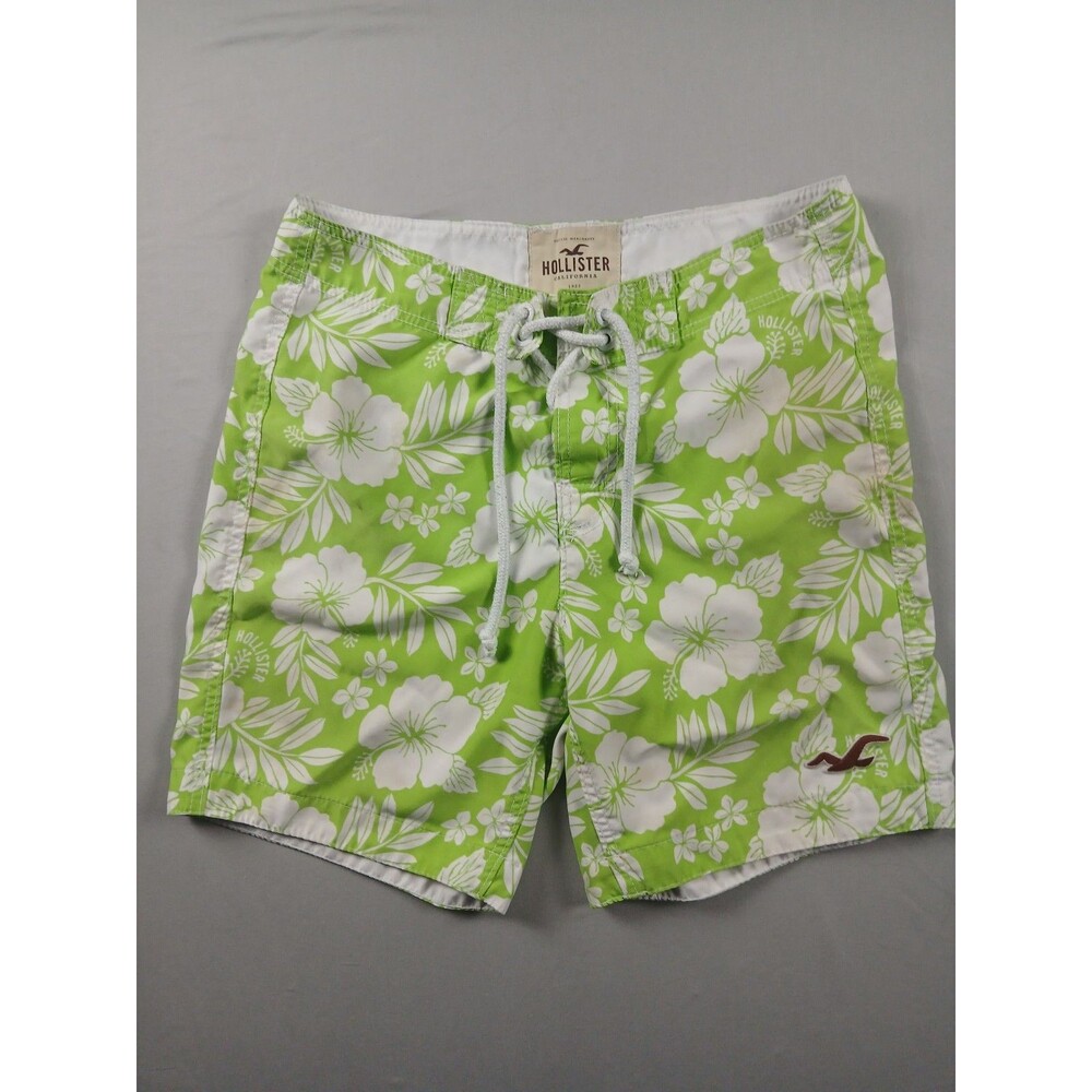 Hollister Mens Swim Trunks Board Shorts Size M 30" Tropical Hibiscus Green.